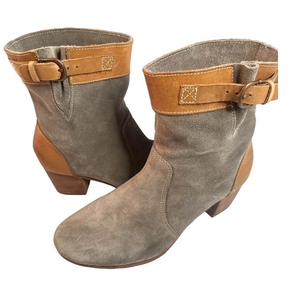 Sebago Nell Dark Taupe Suede Tan Leather Trim Block Stacked Heel Boho Ankle Boot